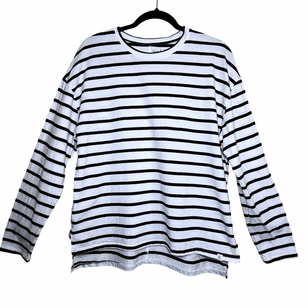 Yarn & Sea Nautical Black & White Stripe Cotton Long Sleeve Tunic Top Size Large